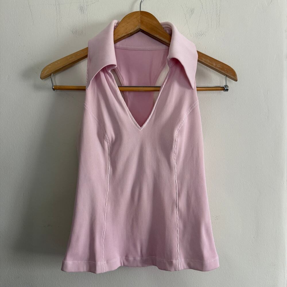 WISKII | Pink Ribbed Sleeveless Collared Polo Tank Top | Medium